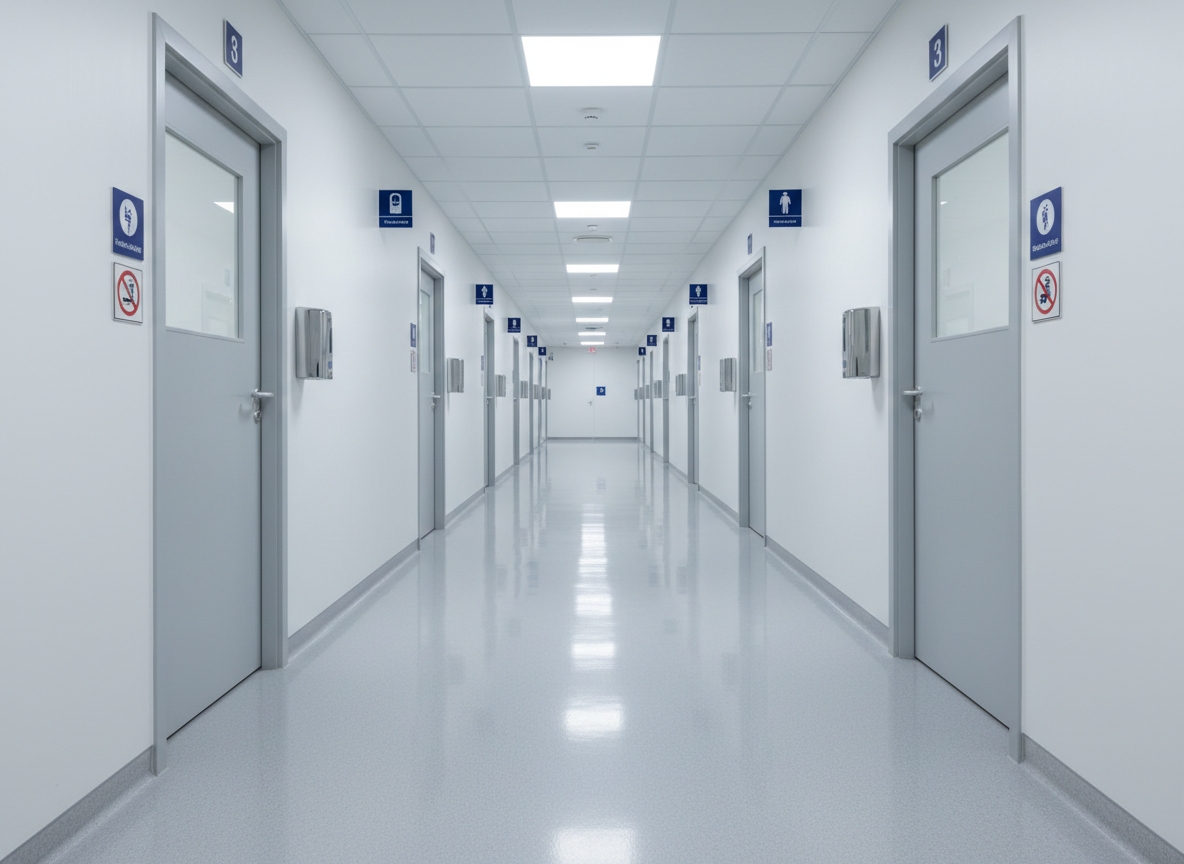 A bright medical facility corridor, clinically clean after a deep professional cleaning, with highly polished vinyl floors reflecting soft overhead lighting. Along the sides are closed examination room doors with frosted glass panels and stainless‑steel handles free of fingerprints. Wall‑mounted hand sanitizing stations and discreet medical signage appear perfectly aligned. Cool, even fluorescent lighting creates a hygienic, reassuring atmosphere without harsh glare. Photographic realism using a long, central perspective that draws the eye down the hallway, with sharp focus throughout, capturing the sense of order, safety, and meticulous attention required for healthcare cleaning services.
