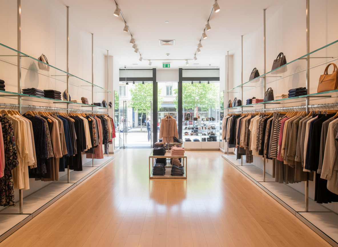 A freshly cleaned retail store interior in photographic realism, showcasing organized clothing racks on either side of a spotless laminate aisle. The floor subtly reflects the overhead track lighting, free from dust or streaks. Glass display shelves sparkle, with neatly folded stacks of garments and carefully placed accessories, all dust‑free. In the background, large front windows reveal a soft, sunlit street scene, slightly blurred to maintain focus on the cleanliness within. Captured from an eye‑level, slightly off‑center composition using the rule of thirds, the mood is inviting and professional, highlighting the value of commercial cleaning for customer‑facing spaces.