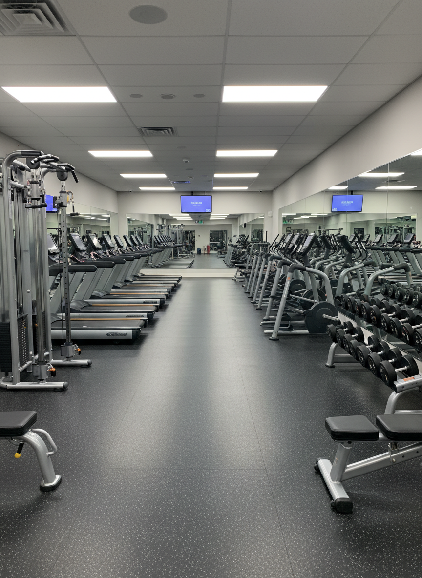A spotless fitness center immediately after a thorough professional cleaning, with rows of treadmills and weight machines aligned in perfect order on a freshly mopped rubberized floor. Each machine’s metallic surfaces appear free of fingerprints, and the touchscreens are clear and smudge‑less. Large mirrors along the wall reflect a bright, orderly space. Overhead LED lighting creates even illumination with subtle highlights on metal edges, reinforcing the sense of hygiene. Photographic realism from a wide‑angle, slightly elevated viewpoint, with strong depth and sharp focus, conveying a fresh, energetic, and sanitary environment ideal for gym cleaning services.