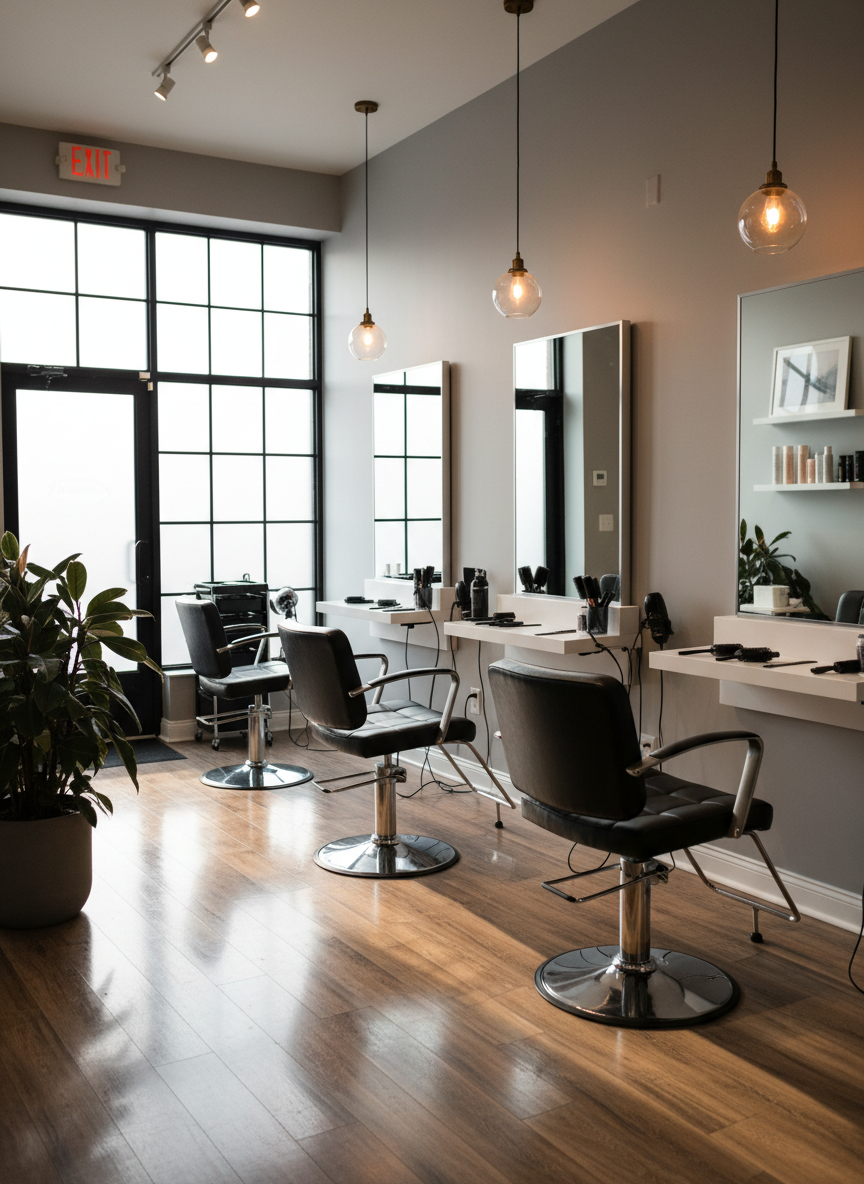 A serene, recently cleaned salon interior in photographic realism, featuring a glossy wood‑look floor without a single strand of hair. Styling stations with spotless mirrors, neatly arranged combs, brushes, and closed product bottles rest on uncluttered countertops. The chrome bases of the styling chairs gleam under warm pendant lights, which cast gentle, flattering glows and soft shadows. A large front window lets in diffused afternoon light, adding brightness without overpowering. Captured from an eye‑level angle with a balanced, slightly asymmetrical composition, the mood is calm, polished, and high‑end, emphasizing meticulous commercial cleaning in beauty environments.