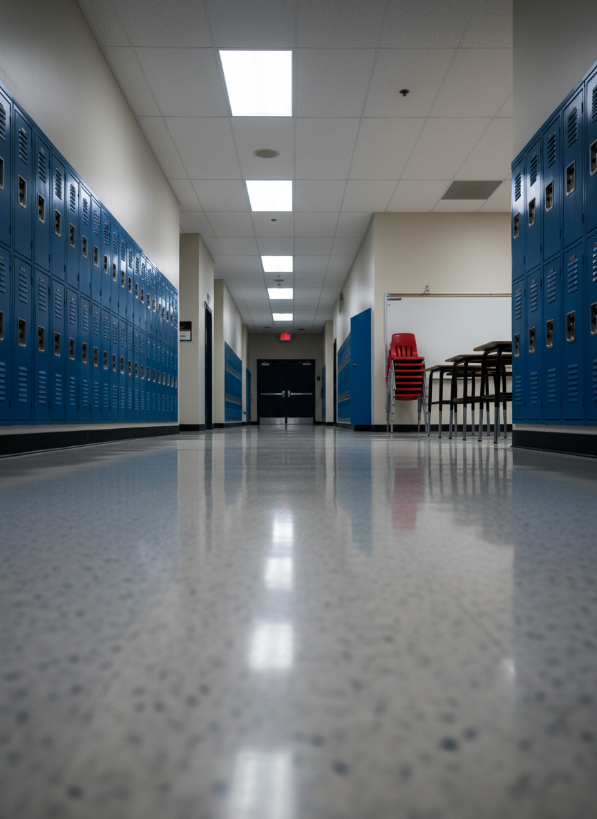 A polished school hallway after a professional evening cleaning, with gleaming linoleum floors reflecting the overhead strip lighting in soft, continuous bands. Lockers line both sides, their painted surfaces clean and free of smudges or tape residue. A row of neatly stacked chairs is visible through a classroom doorway, with desks aligned and surfaces clear of clutter. Photographic realism from a low, slightly angled perspective to emphasize the sheen of the floor and the length of the corridor. The mood is orderly and safe, highlighting reliable facility cleaning for educational environments.