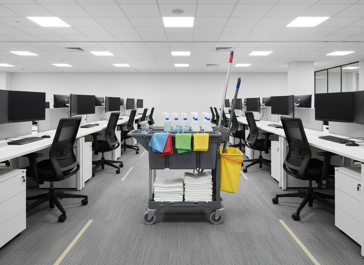 A commercial cleaning cart parked neatly in the center of a pristine, open-plan office floor, surrounded by spotless white desks, organized computer monitors, and perfectly aligned rolling chairs. The cart holds color‑coded microfiber cloths, closed spray bottles, and neatly stacked folded towels, all arranged with precision. Low‑pile carpet appears freshly vacuumed, with subtle, orderly lines visible. Overhead LED panel lights cast even, neutral lighting that produces minimal shadows and highlights the immaculate surfaces. Photographic realism from a slightly elevated angle, with balanced composition using the rule of thirds, projecting efficiency, reliability, and attention to detail for a professional cleaning company.
