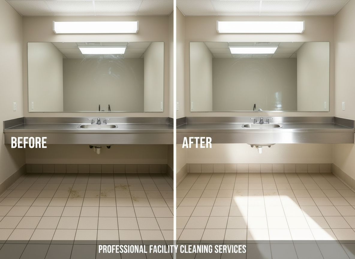 A dramatic before-and-after split view of a commercial restroom in photographic realism. On the left, slightly dulled tiles, faint water spots on a stainless-steel sink, and a mirror with subtle smudges — the "before" state. On the right, the same scene completely transformed: tiles gleaming brilliantly with a bright sheen, the sink basin spotless and pristine white, chrome fixtures polished to a mirror-like shine reflecting crisp highlights, the floor tiles immaculate with no dirt or grime visible at all, and the mirror perfectly crystal clear. The "after" side is strikingly clean and bright — a dramatic, unmistakable transformation. Neutral overhead lighting remains constant across both halves, emphasizing the contrast. Shot straight on at eye level with symmetrical composition, professional facility cleaning services result.