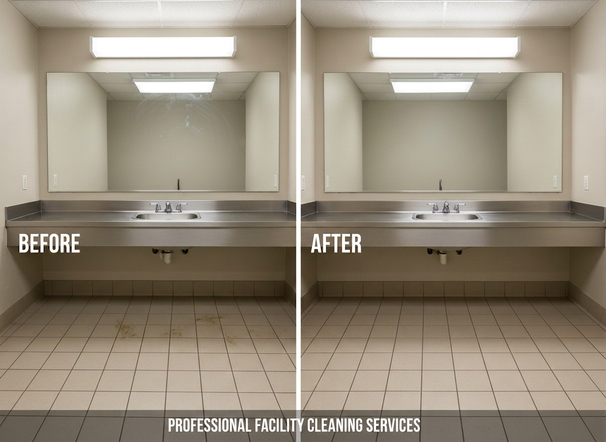 A dramatic before‑and‑after split view of a commercial restroom in photographic realism. On the left, slightly dulled tiles, faint water spots on a stainless‑steel sink, and a mirror with subtle smudges. On the right, the same scene transformed: tiles shining with a soft sheen, the sink basin spotless, chrome fixtures reflecting crisp highlights, and the mirror perfectly clear. Neutral overhead lighting remains constant across both halves, emphasizing the contrast in cleanliness. Shot straight on at eye level with symmetrical composition, the mood is confident and results‑driven, showcasing the impact of professional facility cleaning services.
