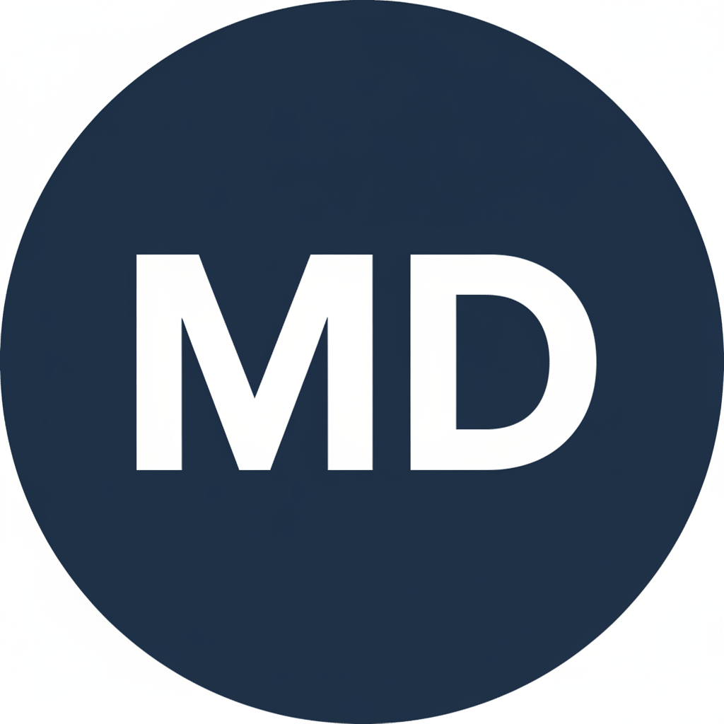 A simple, clean circular avatar icon with the initials "M D" in white bold text on a solid dark navy blue background. Minimal and professional, no face, no photo, just initials. Flat design style.