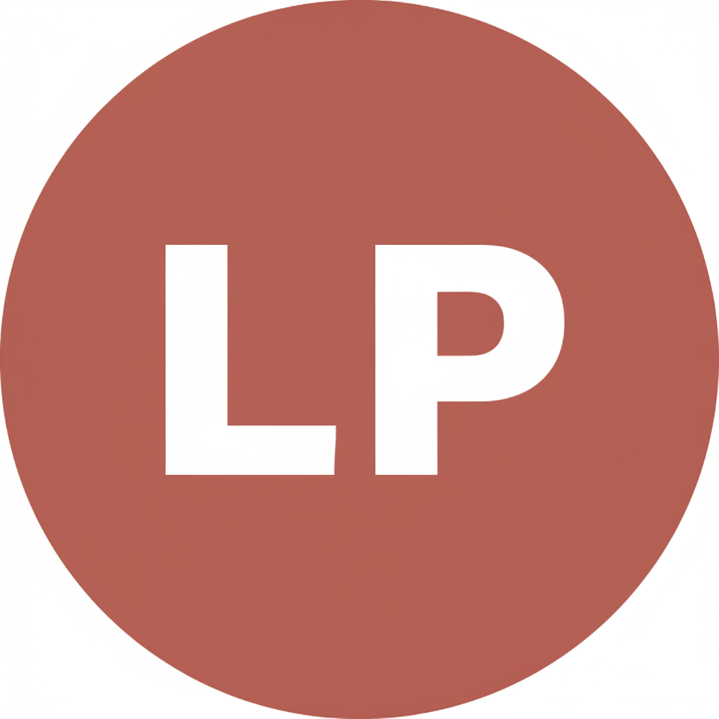 A simple, clean circular avatar icon with the initials "L P" in white bold text on a solid warm burgundy background. Minimal and professional, no face, no photo, just initials. Flat design style.