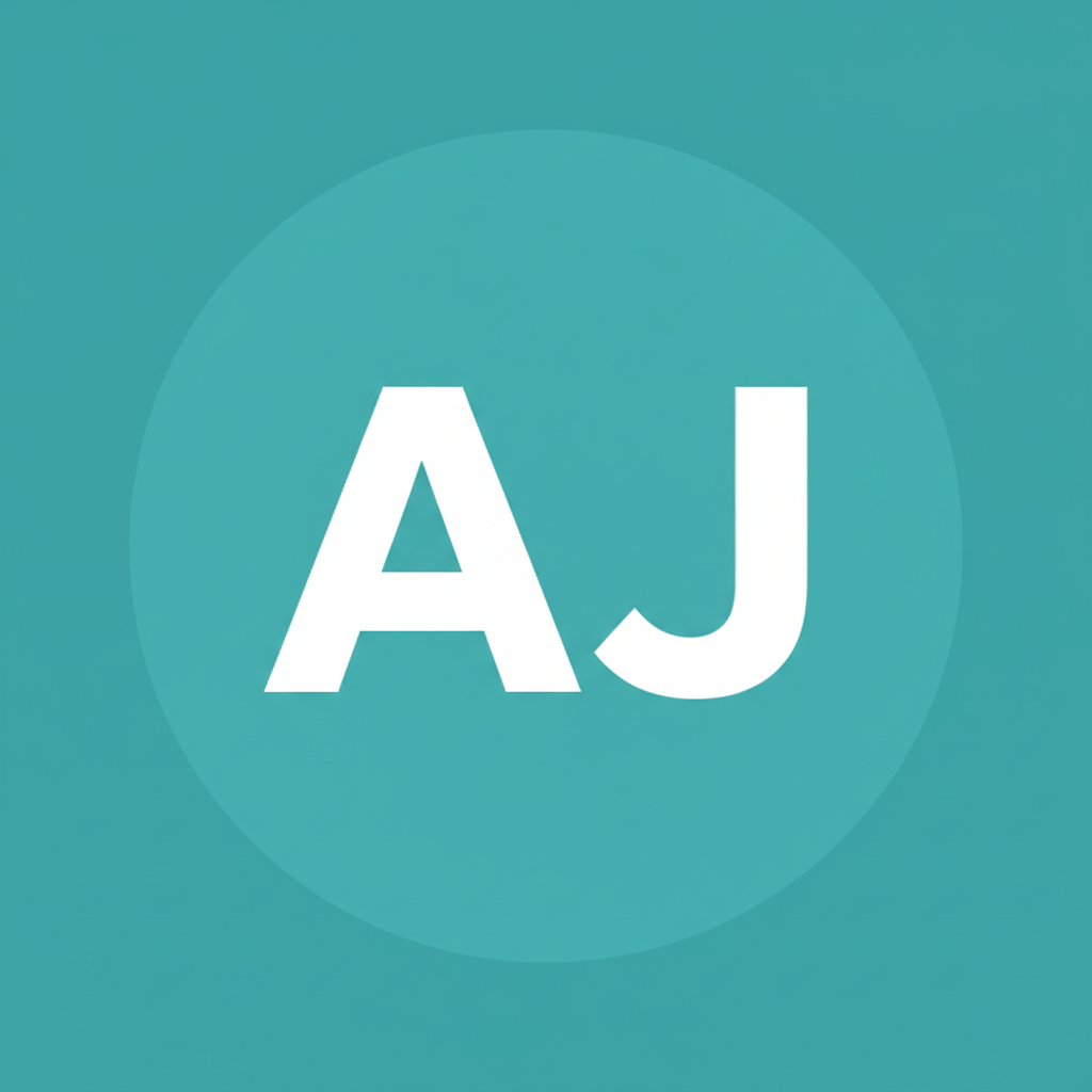 A simple, clean circular avatar icon with the initials "A J" in white bold text on a solid teal background. Minimal and professional, no face, no photo, just initials. Flat design style.