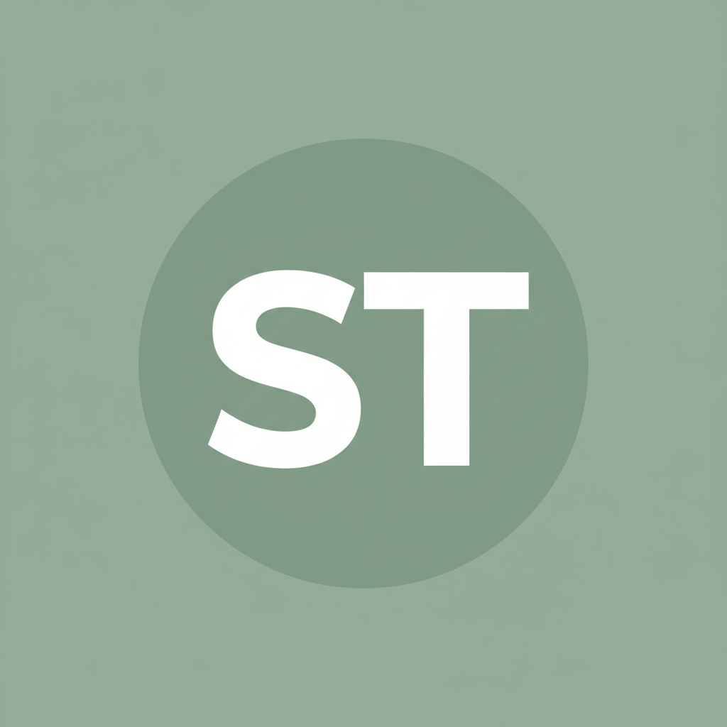 A simple, clean circular avatar icon with the initials "S T" in white bold text on a solid sage green background. Minimal and professional, no face, no photo, just initials. Flat design style.